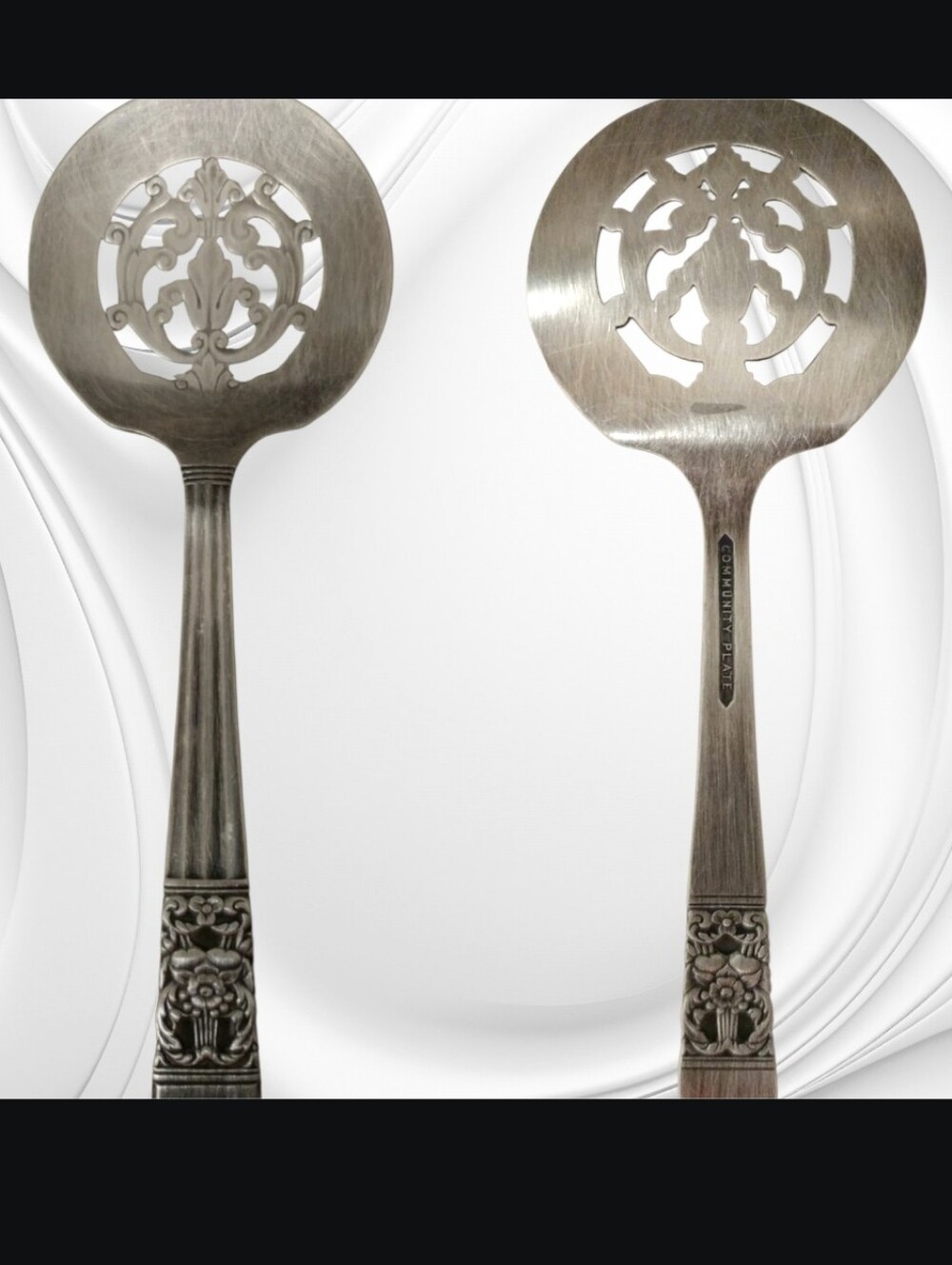 Antique-Style Silver Serving Slotted Spoon - Elegant Floral Cutwork